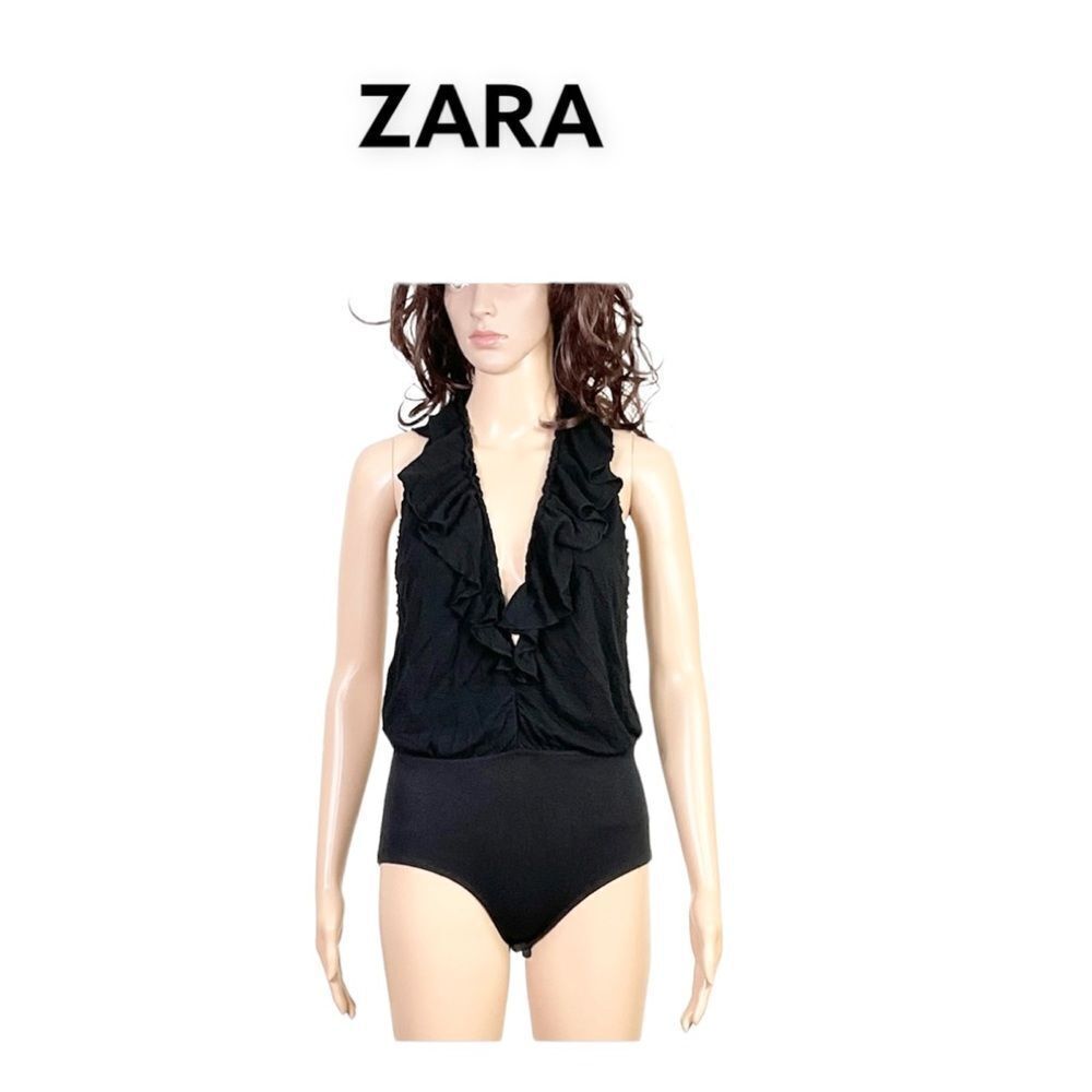 Zara WB Collection Black Ruffle V-Neck Open Back Bodysuit M